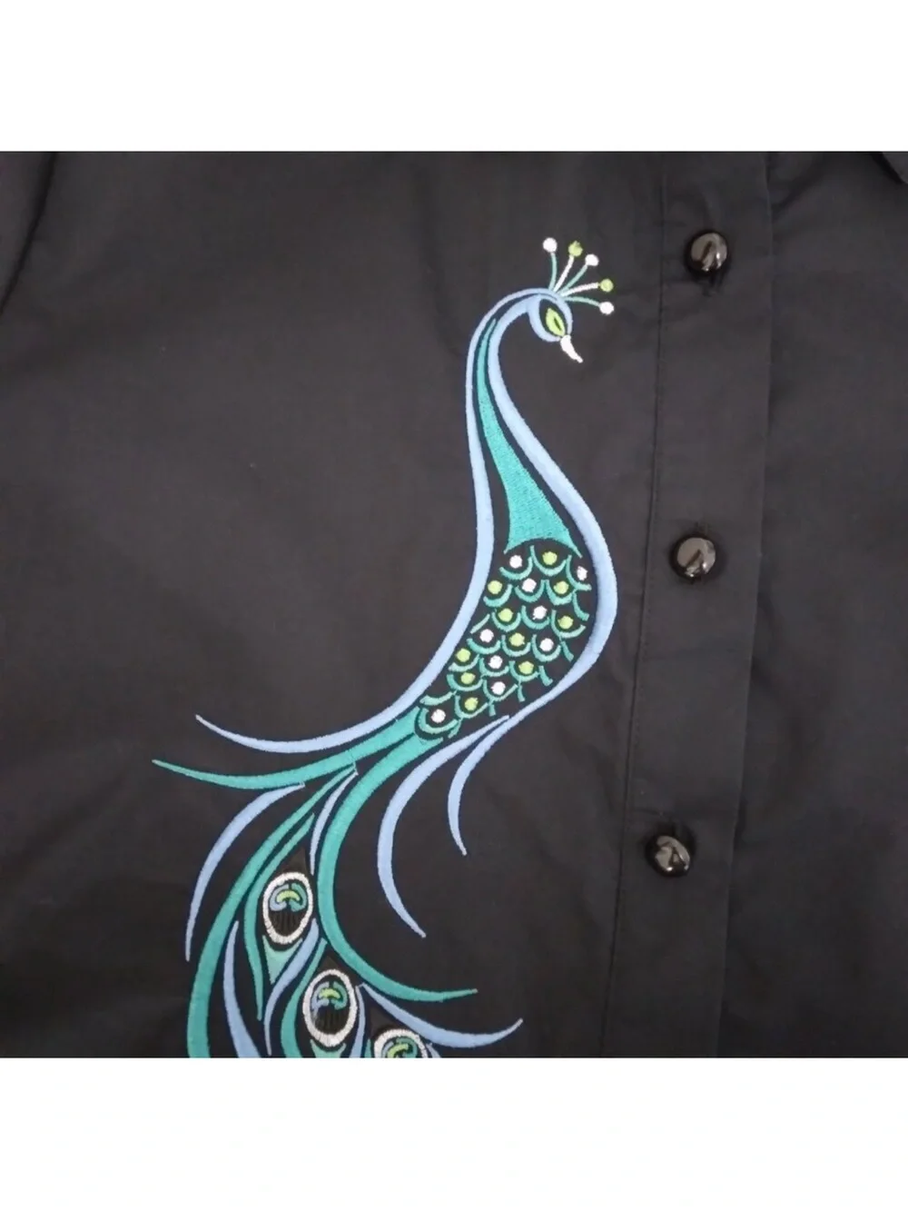 Bob Mackie Black Button-Front Shirt with Teal and Blue Peacock Motif